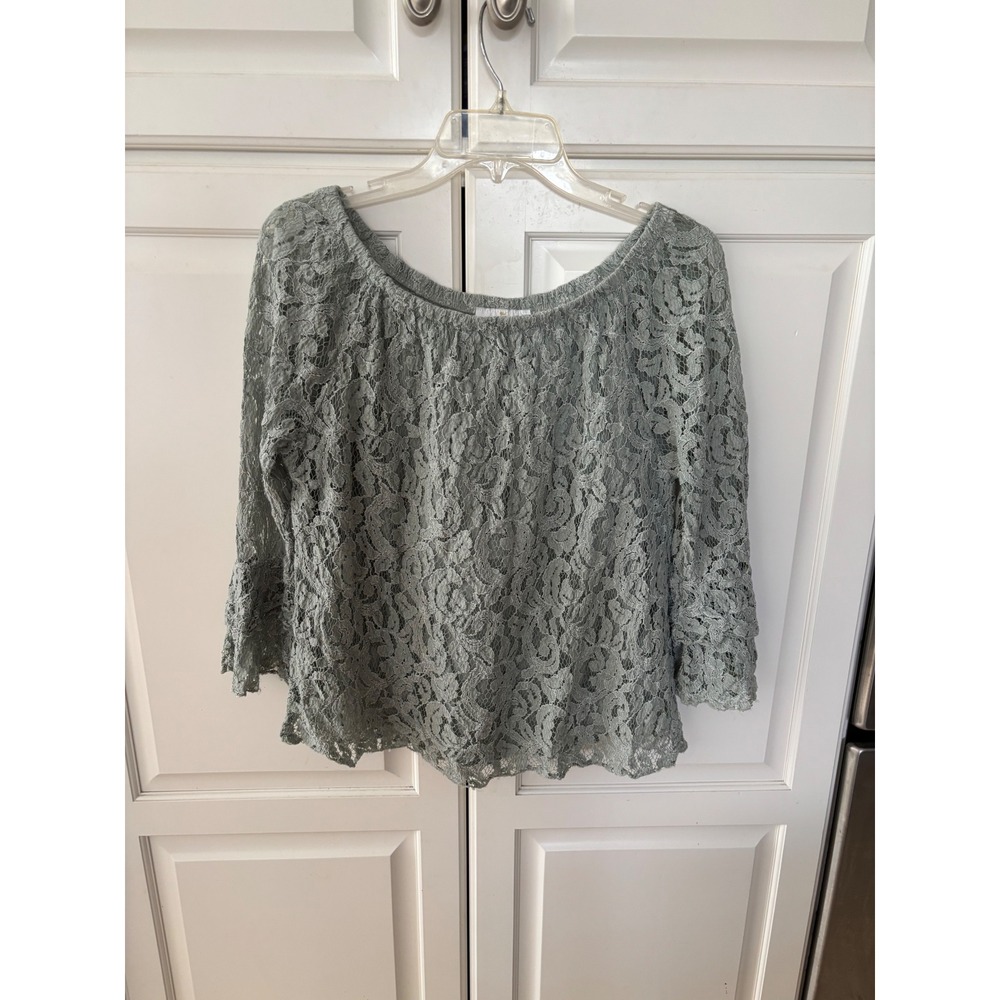 Belle France Sage Green Lace Blouse Made in‎ Italy Tiered Bell Sleeve Top Medium
